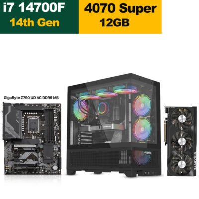 Gaming PC i7-14700F, Gigabyte Z790 UD AC MB, 32GB DDR5 RAM, 1TB NVMe SSD Gen4, GeForce RTX 4070 Super 12GB VGA, L240mM Liquid Cooler, 750 Watt Gold PSU, Twisted Minds Phantek-07 Mid Tower Case Black, Win 11 Pro License