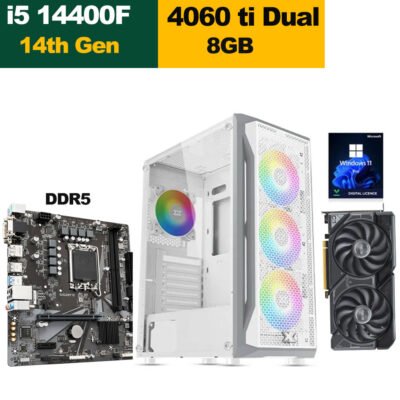 Gaming PC 14th Gen. i5-14400F Processor, Gigabyte H610M D5 Motherboard, 16GB DDR5 RAM, 1TB NVMe SSD, RTX 4060 Ti 8GB VGA, 750 Watt PSU, Xigmatek Gaming X Arctic RGB Mid Tower Case (White), USB WiFi Adapter, Win 11 Pro License