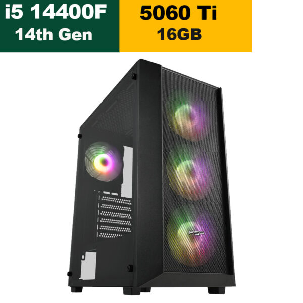 Gaming PC i5-14400F CPU, RTX 5060 Ti 16GB VGA, H610M DDR5 Motherboard, 16GB DDR5 RAM, 1TB NVMe SSD, 750 WATT PSU, FSP CMT218 Case Black With 4x RGB Fans, USB Wi-Fi Adapter, Windows 11 Pro (License)